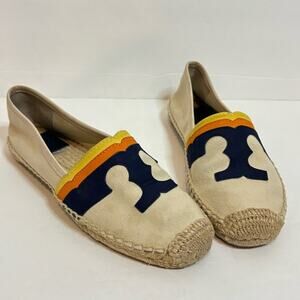 Tory Burch Navy Orange Yellow Canvas Espadrille Slip On Flats 6